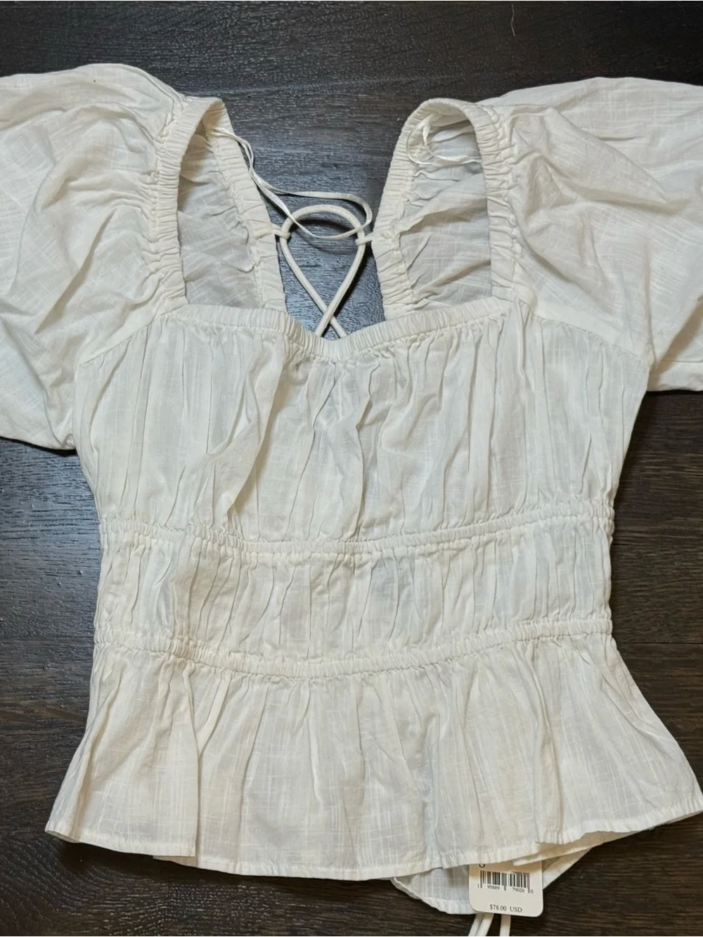 Free People White Smocked Peasant Blouse with Tie